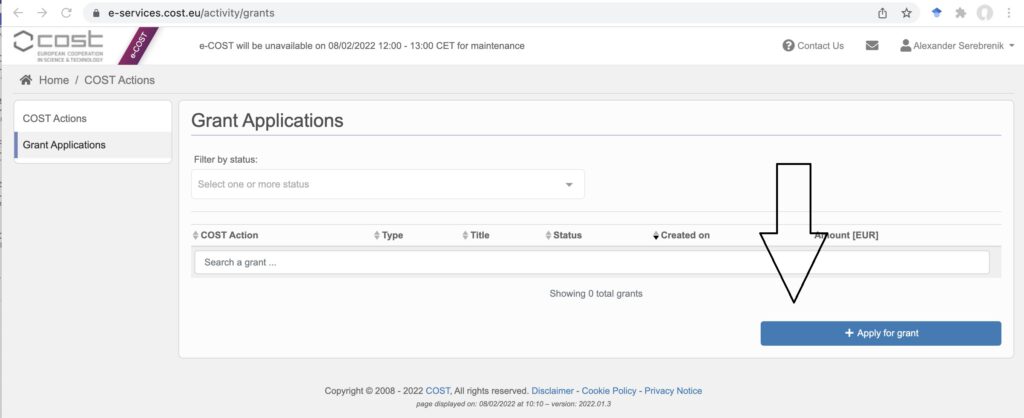 Where to find the grant application button in e-COST